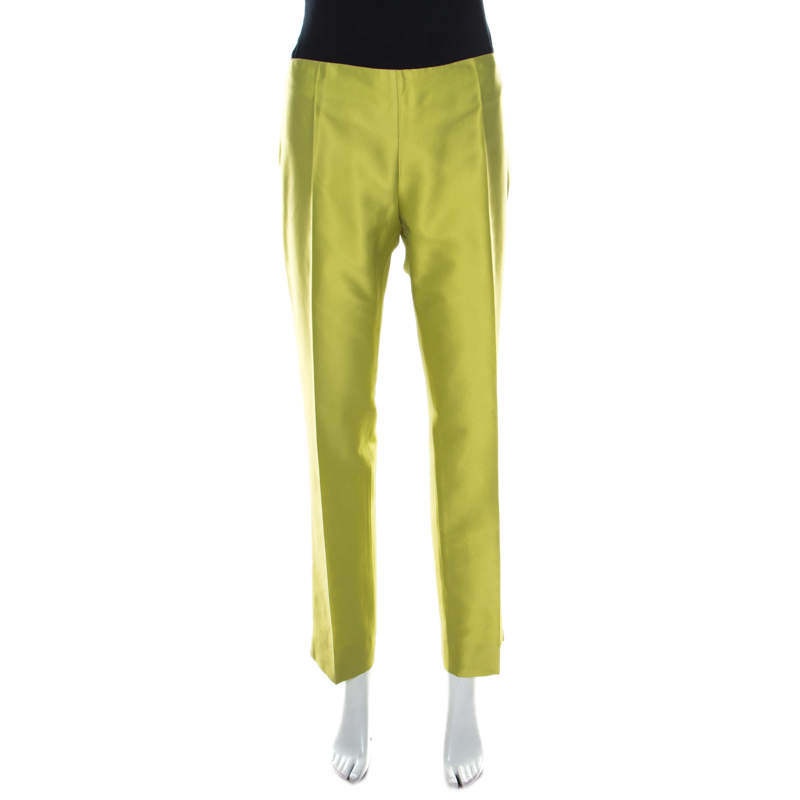 moschino bright green silk blend flat front straight leg trousers l