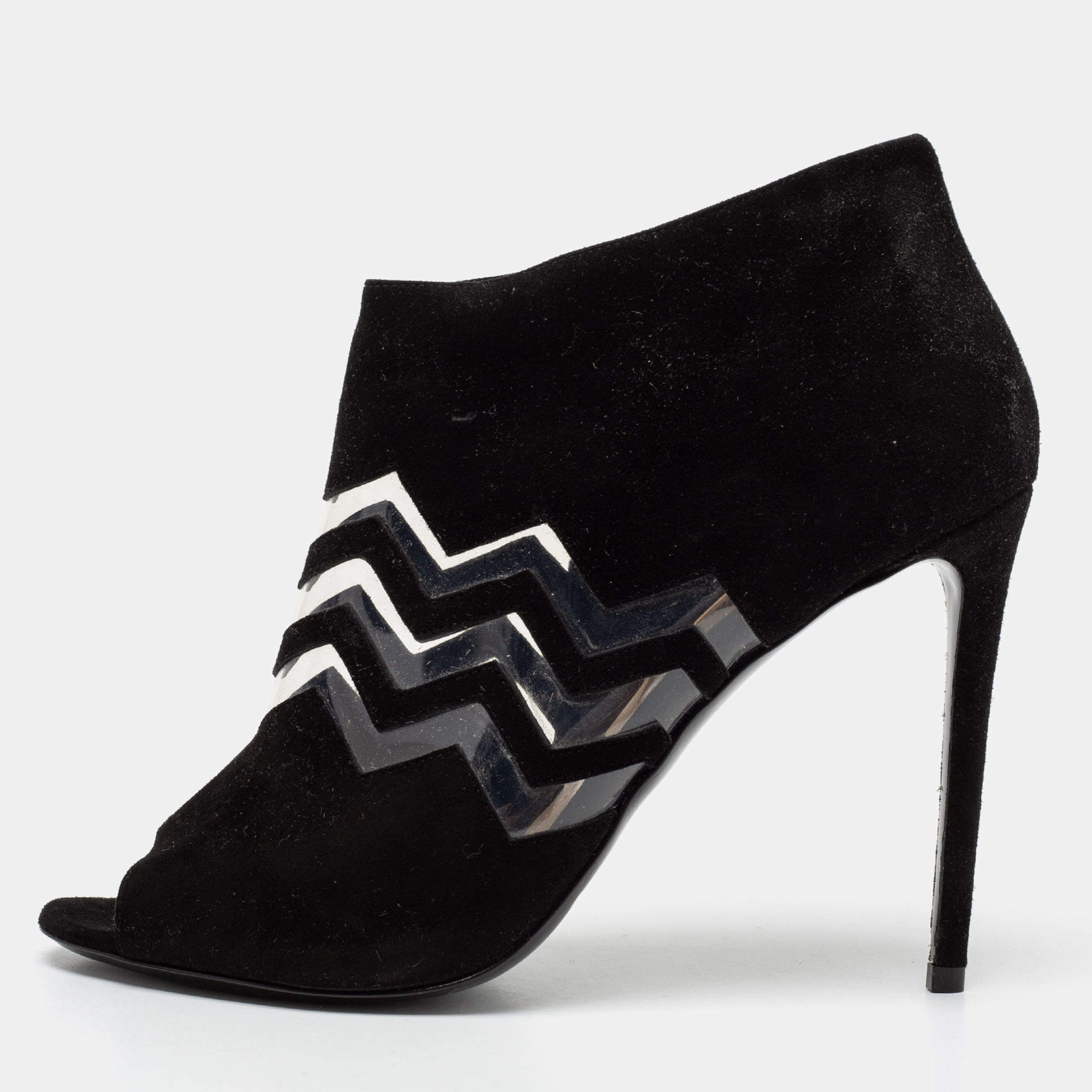 nicholas kirkwood black suede and pvc chevron peep toe ankle booties size 38.5
