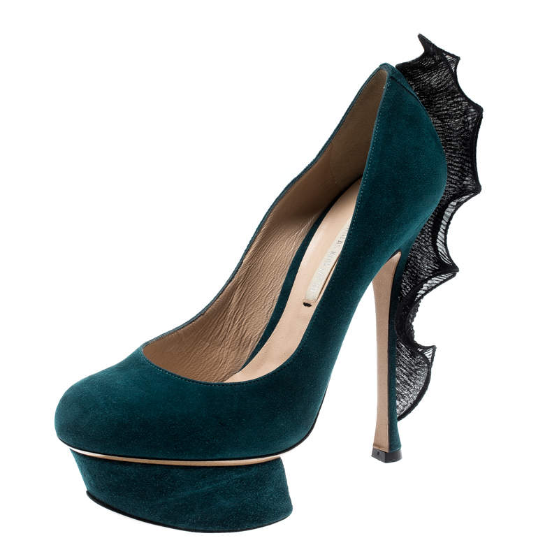 Nicholas Kirkwood Blue Suede Ruffle Trimmed Platform Pumps Size 36.5