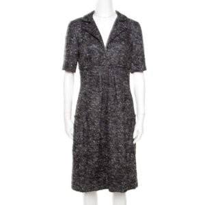 oscar de la renta grey textured lurex plunge neck detail short sleeve dress m