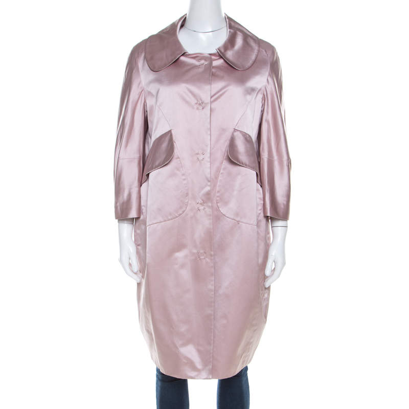 paule ka beige satin three quarter sleeve button front coat m