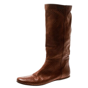 luxury-women-prada-sport-used-shoes-p181994-003 prada sport brown perforated leather mid calf flat boots size 39
