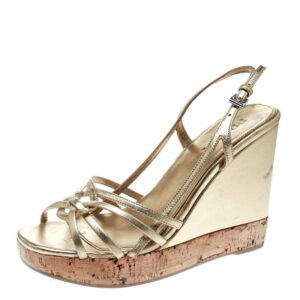 luxury-women-prada-used-shoes-p174770-003 prada gold leather sligback platform wedge sandals size 36