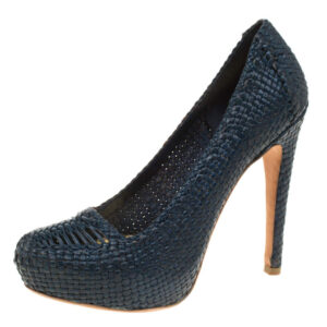 luxury-women-prada-used-shoes-p181738-006 prada blue woven leather madras platform pumps size 38