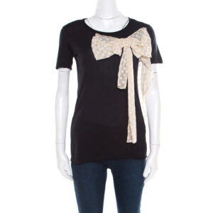 luxury-women-red-valentino-used-clothes-p182073-003 red valentino black jersey contrast bow detail raw edged top xs