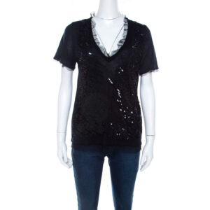 red valentino black knit sequined lace trim v neck top s
