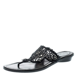 luxury-women-rene-caovilla-used-shoes-p194877-006 rene caovilla black crystal embellished lace and leather flat thong sandals size 39