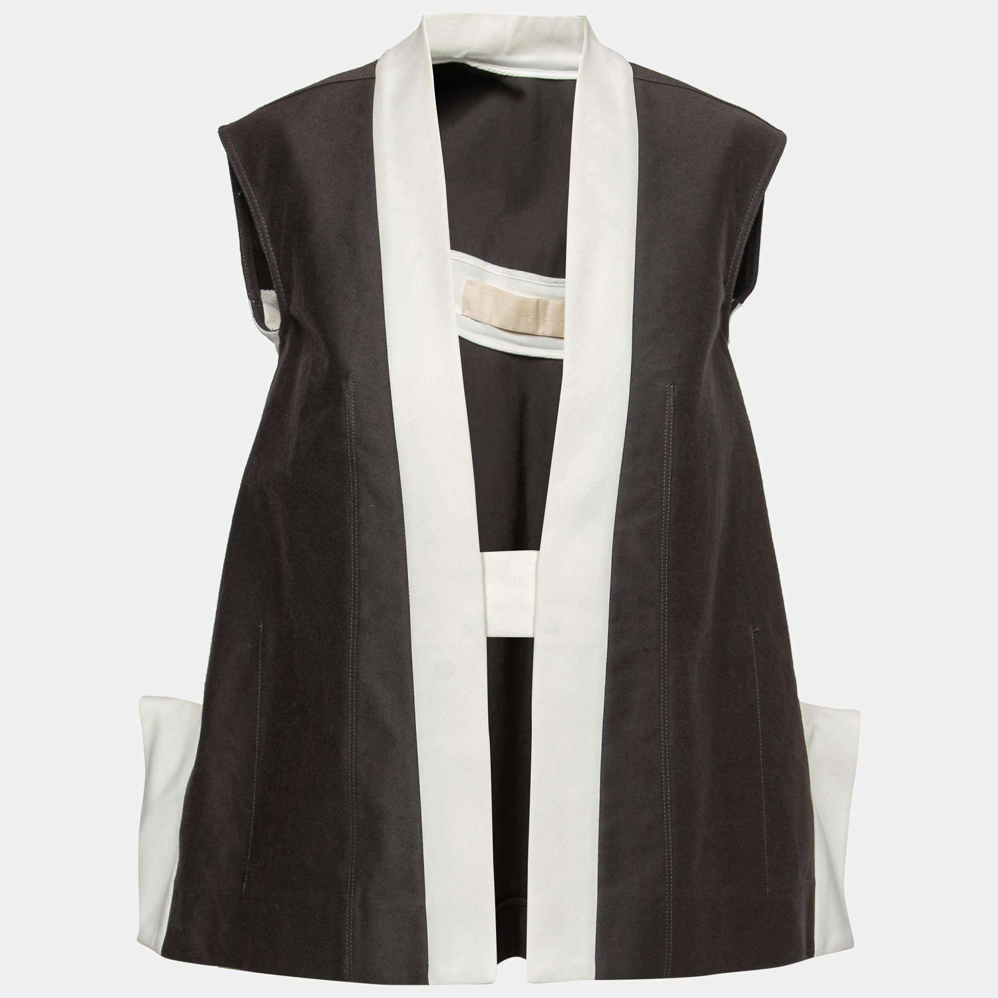luxury-women-rick-owens-used-clothes-p205967-006 rick owens darkdust brown cotton asymmetric hem contrast trim sleeveless jacket s
