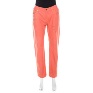 luxury-women-roberto-cavalli-used-clothes-p207905-002 roberto cavalli coral pink cotton denim logo print distressed jeans l