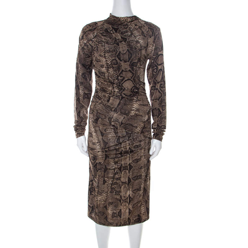 luxury-women-roberto-cavalli-used-clothes-p216845-006 roberto cavalli brown snake printed jersey ruched detail dress s