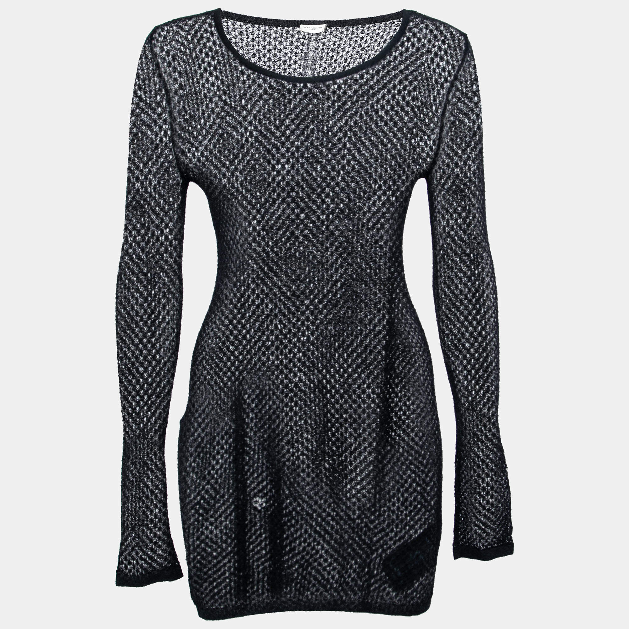 luxury-women-saint-laurent-paris-used-clothes-p201693-013 saint laurent paris black perforated knit mesh long sleeve dress s