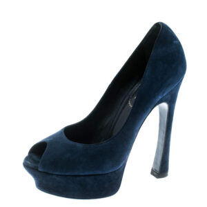saint laurent blue suede palais platform peep toe pumps size 36