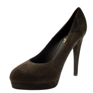 luxury-women-saint-laurent-paris-used-shoes-p198275-003 saint laurent paris olive green suede platform pumps 38