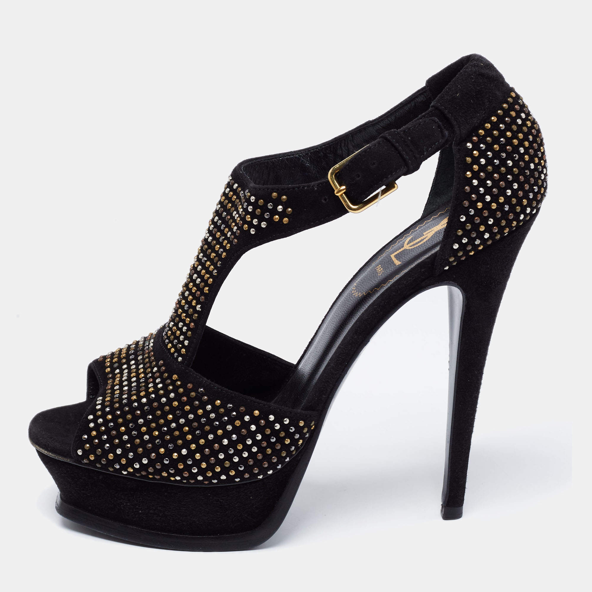 luxury-women-saint-laurent-paris-used-shoes-p201596-007 saint laurent paris black studded suede t-strap peep toe platform sandals size 38.5