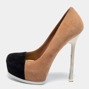 luxury-women-saint-laurent-paris-used-shoes-p203624-009 saint laurent paris tow tone suede tribtoo platform pumps size 37.5