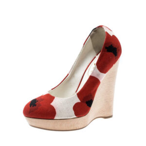 luxury-women-saint-laurent-paris-used-shoes-p209106-004 saint laurent paris red and white printed canvas wedge platform pumps size 35.5