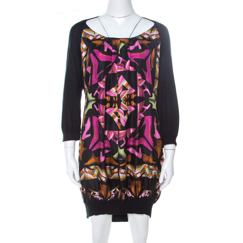 luxury-women-salvatore-ferragamo-used-clothes-p216669-004 salvatore ferragamo multicolor printed silk and knit long sleeve dress s