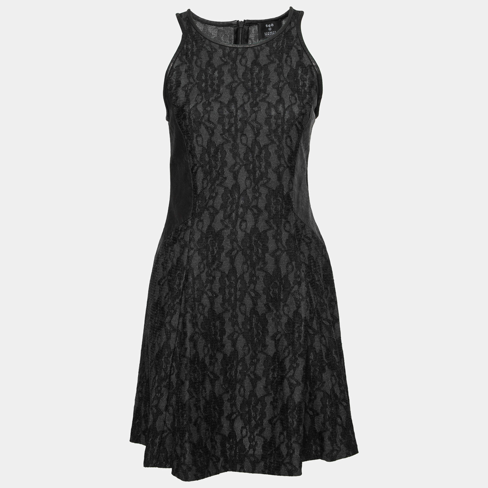 luxury-women-sea-used-clothes-p212372-007 sea black lace and distressed leather panel dress s