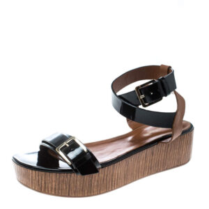 sergio rossi black/brown leather ankle strap wedge sandals size 40