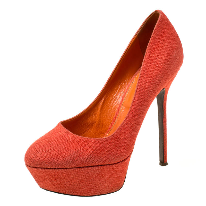 luxury-women-sergio-rossi-used-shoes-p215688-003 sergio rossi orange canvas platform pumps size 36.5