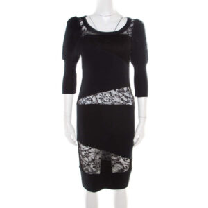 luxury-women-sonia-rykiel-used-clothes-p178444-1551591523-004 sonia rykiel green and black lace paneled textured sleeve detail sheath dress s