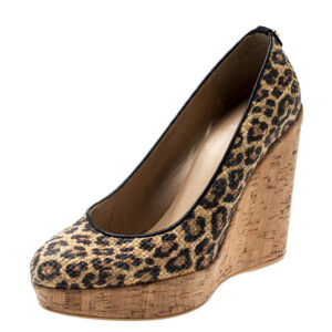 luxury-women-stuart-weitzman-used-shoes-p199051-003 stuart weitzman beige/black leopard print raffia platform wedge pumps size 38.5
