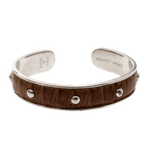 tod's brown embossed leather silver tone studded narrow cuff