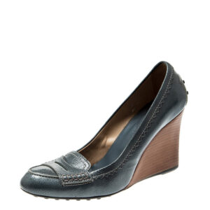 luxury-women-tods-used-shoes-p211698-003 tod's blue textured leather wedge heel penny loafer pumps size 38.5