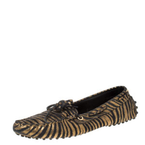 luxury-women-tods-used-shoes-p212852-006 tod's black and metallic gold leather bow loafers size 38.5