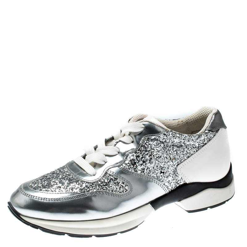 luxury-women-tods-used-shoes-p215174-007 tod's metallic silver glitter and leather sportivo lace up sneakers size 36