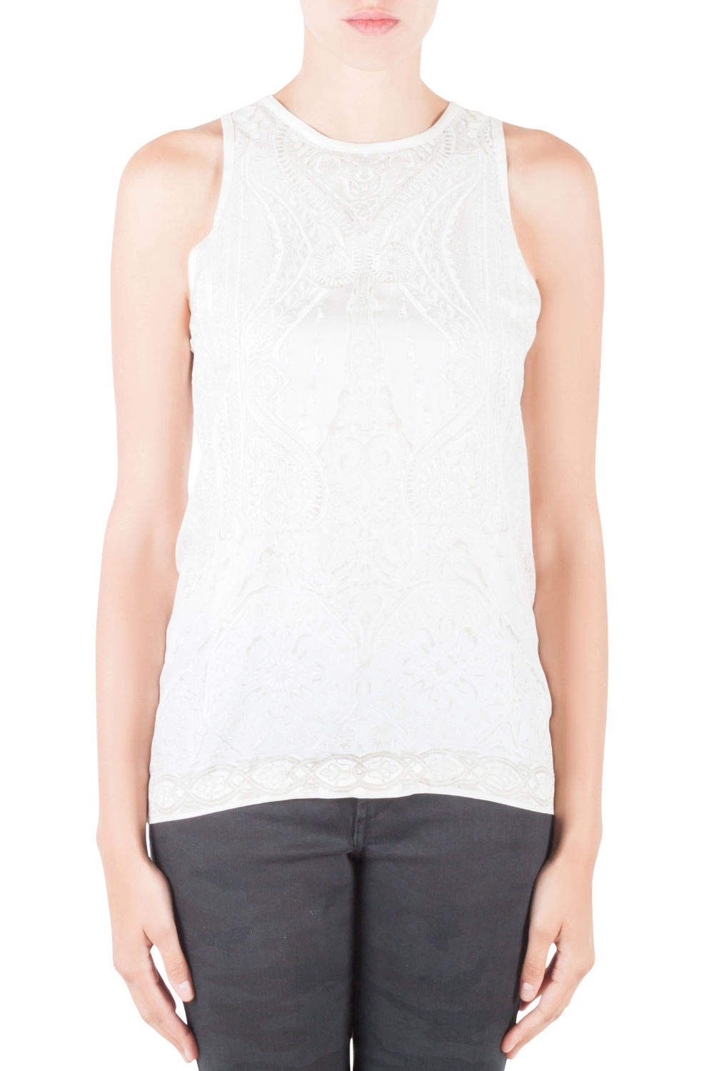 luxury-women-used-clothes-p204099-002 roberto cavalli off white mixed media printed silk racer back tank top m