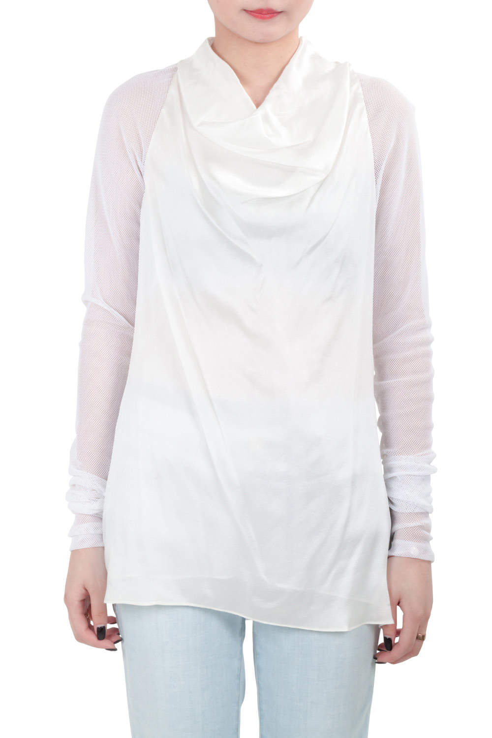 vera wang collection cream silk satin cowl neck mesh sleeve blouse xs