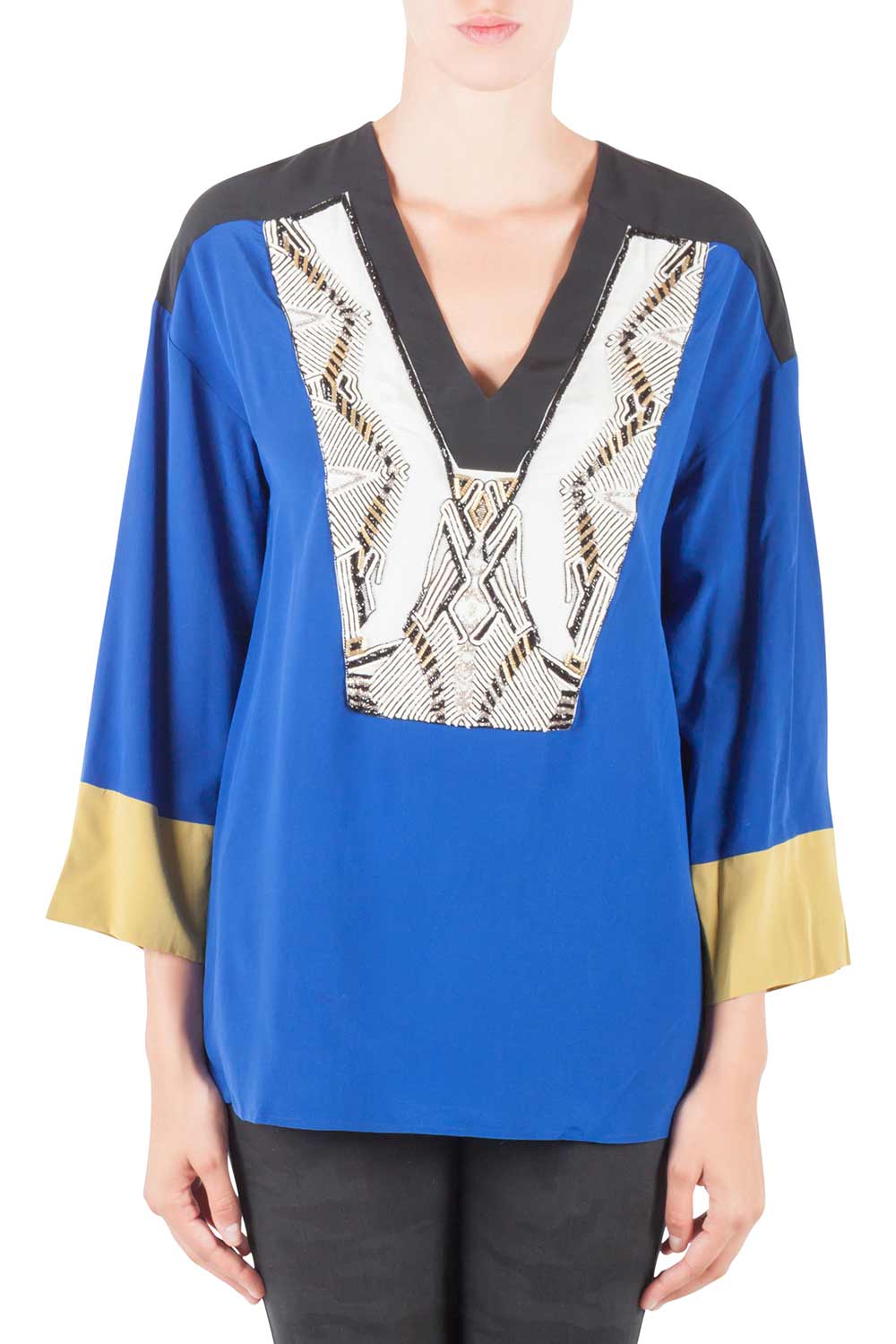 luxury-women-used-clothes-p206016-001 etro colorblock silk embellished yoke long sleeve tunic m