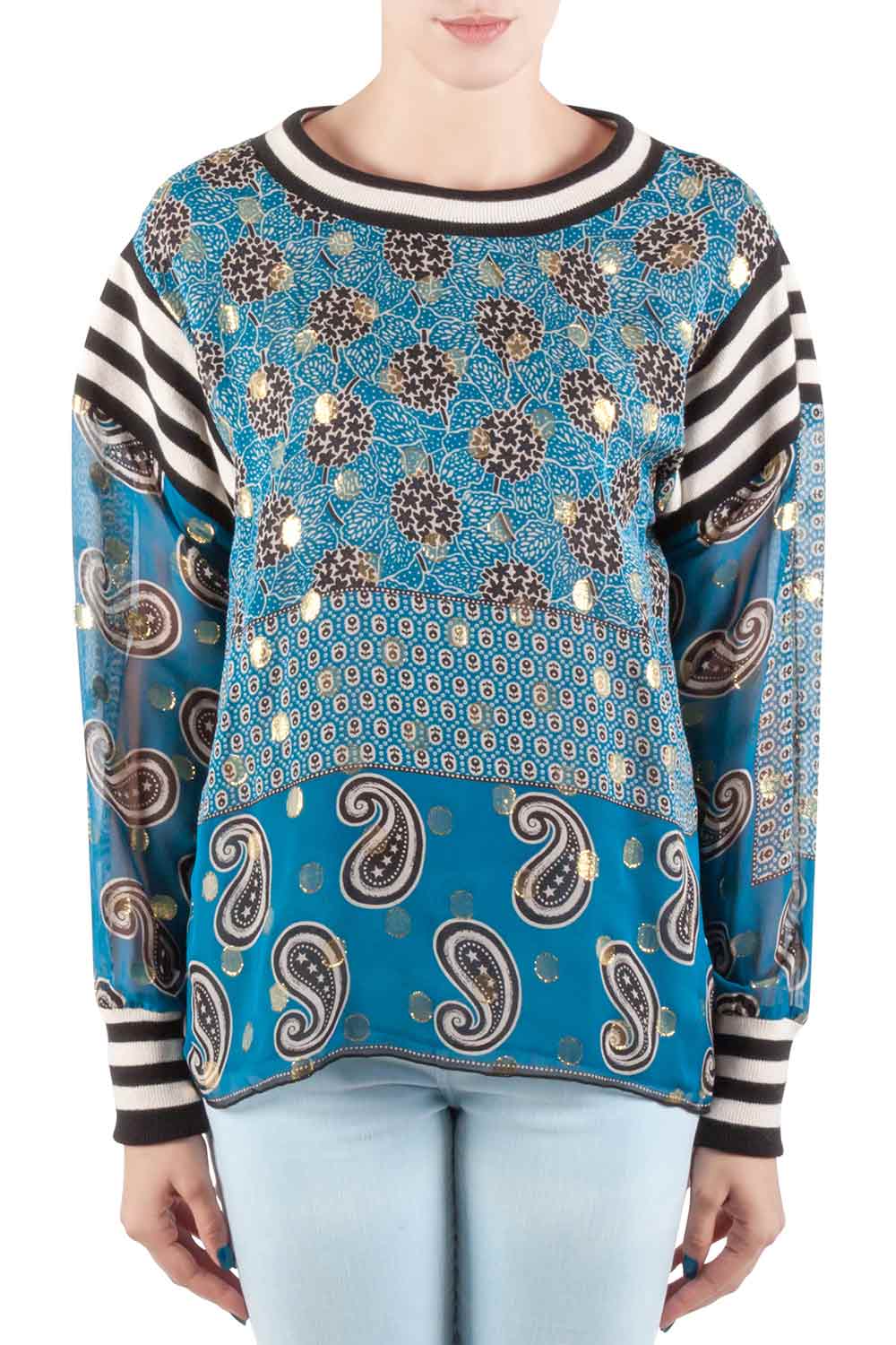 anna sui teal blue bouquet scarf print silk ribbed trim tunic top m