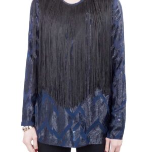 luxury-women-used-clothes-p212761-005 yigal azrouel navy blue chevron pattern silk fringe detail blouse s