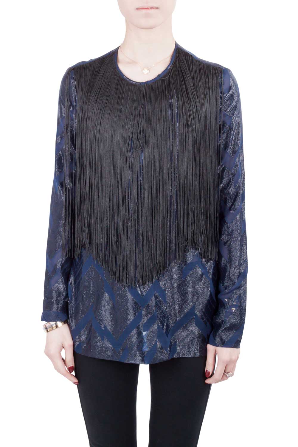 luxury-women-used-clothes-p212761-005 yigal azrouel navy blue chevron pattern silk fringe detail blouse s