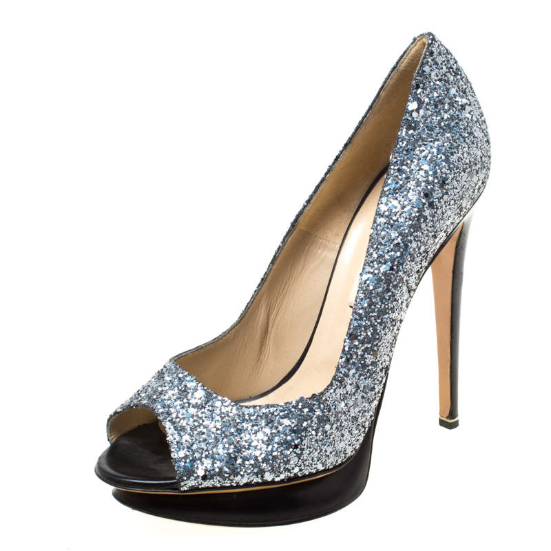 Nicholas Kirkwood Silver/Black Glitter Leather Double Platform Peep Toe Pumps Size 38