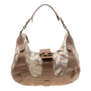 luxury-women-valentino-used-handbags-p176900-009 valentino beige croc embossed leather and python print canvas hobo