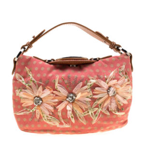 valentino coral/brown polka dots canvas and leather flower embellished tote