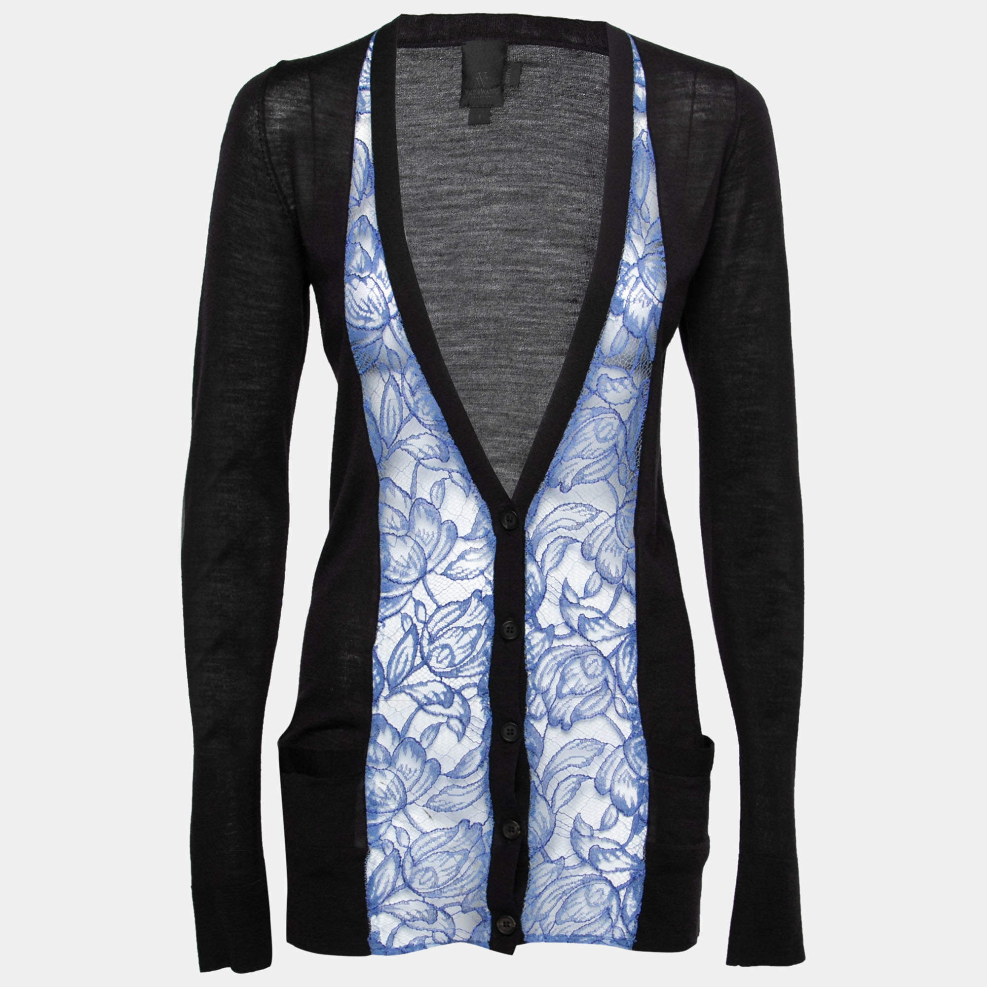 vera wang collection black and blue lace trim button front cardigan s