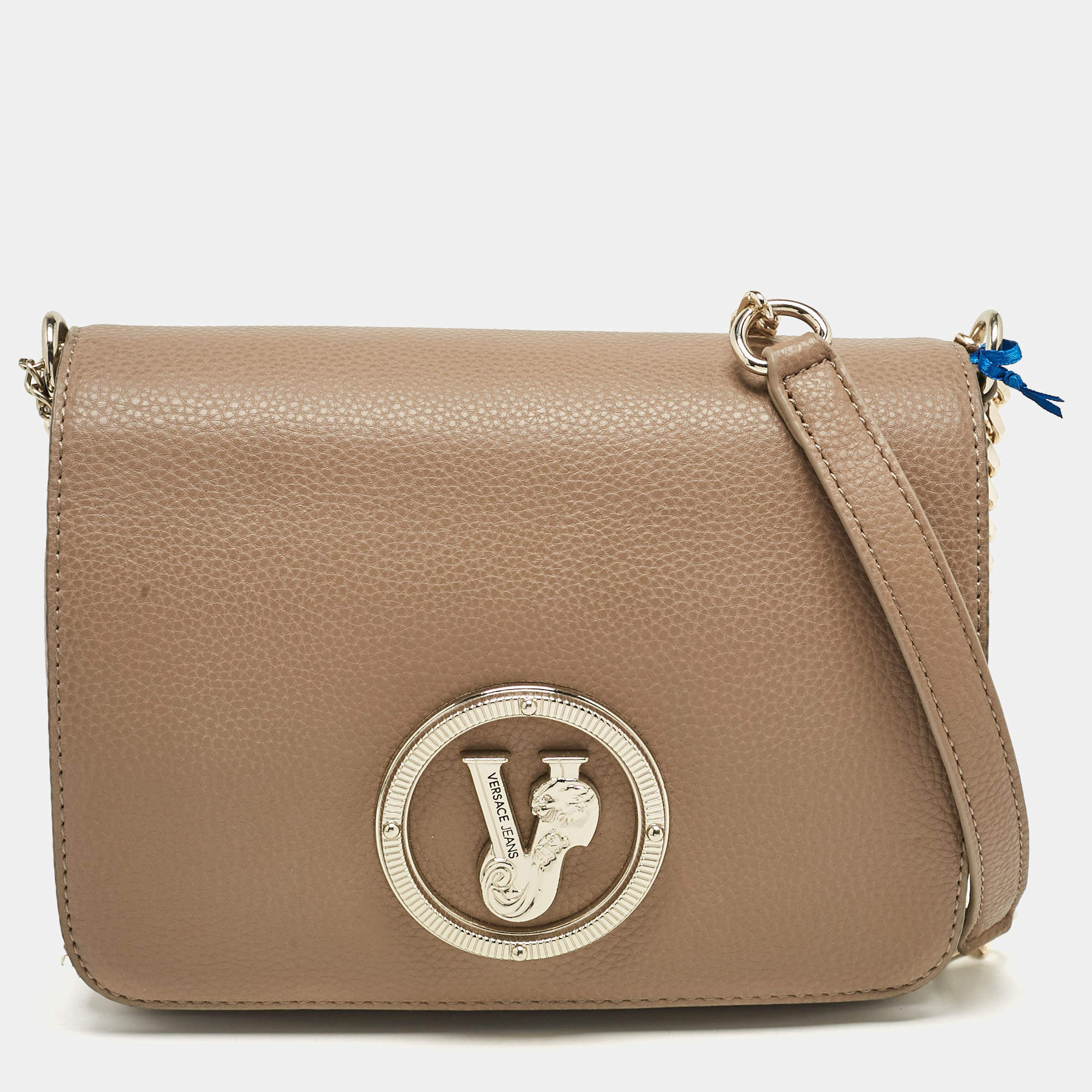 versace jeans brown leather logo flap shoulder bag