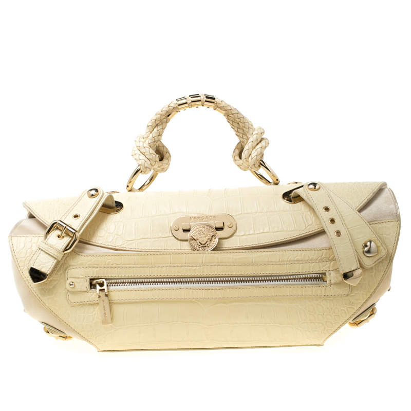 luxury-women-versace-used-handbags-p213352-009 versace cream croc embossed leather and suede medium canyon bag