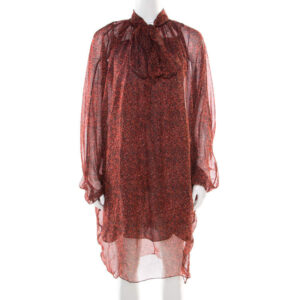 yves saint laurent red printed silk chiffon neck tie detail long sleeve dress l