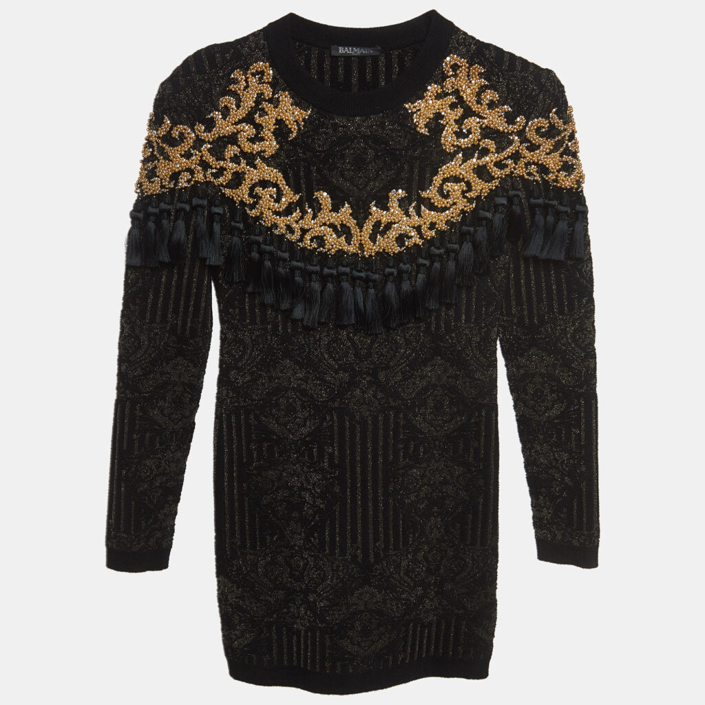 luxury-kids-balmain-new-girls-p922225-002 Balmain Black/Gold Jacquard Knit Tasseled Dress (12 Yrs)