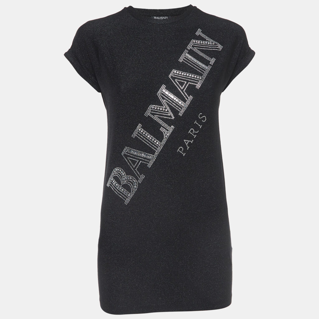 luxury-kids-balmain-used-girls-p923127-006 Balmain Black Glitter Jersey Crystal Embellished Logo T-Shirt Dress (10 Yrs)