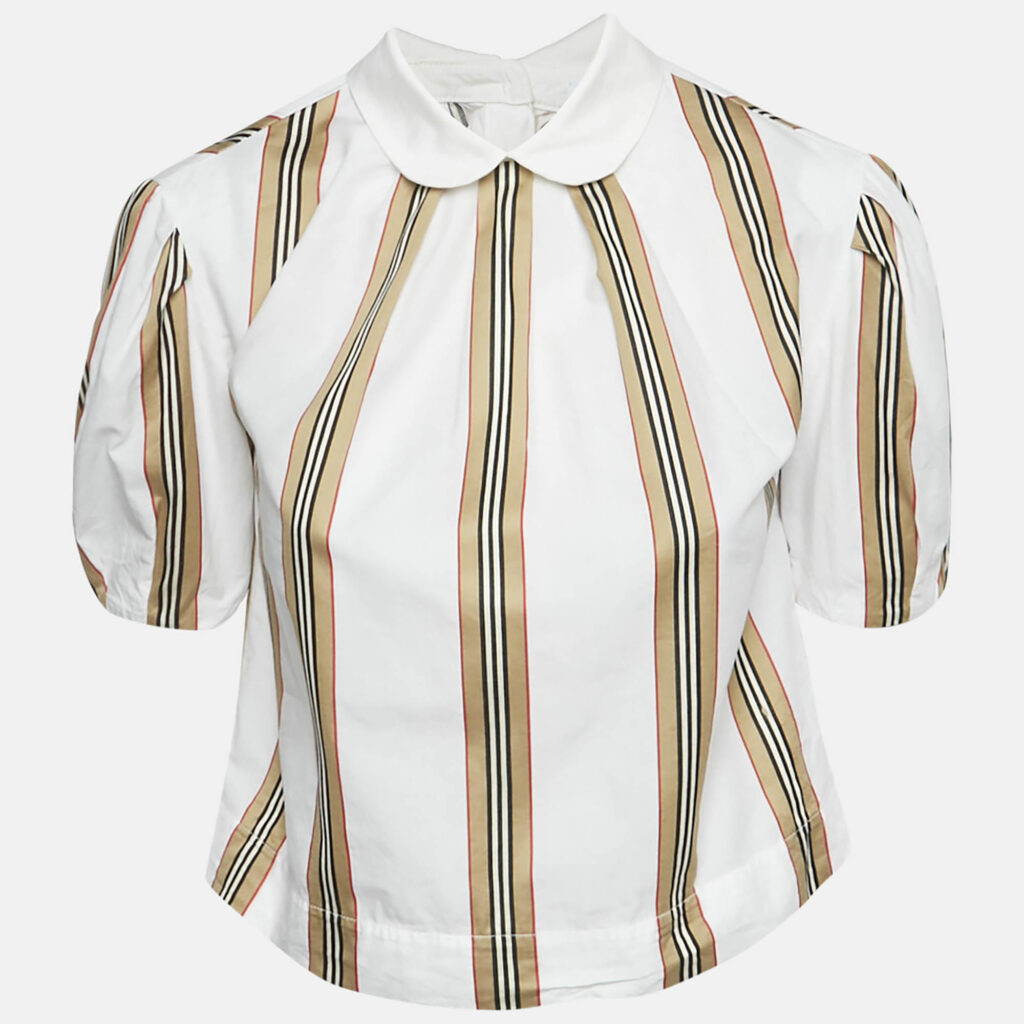 luxury-kids-burberry-used-girls-p1169789-001 Burberry White Cotton Nova Stripe Detail Button Back Top 10yrs