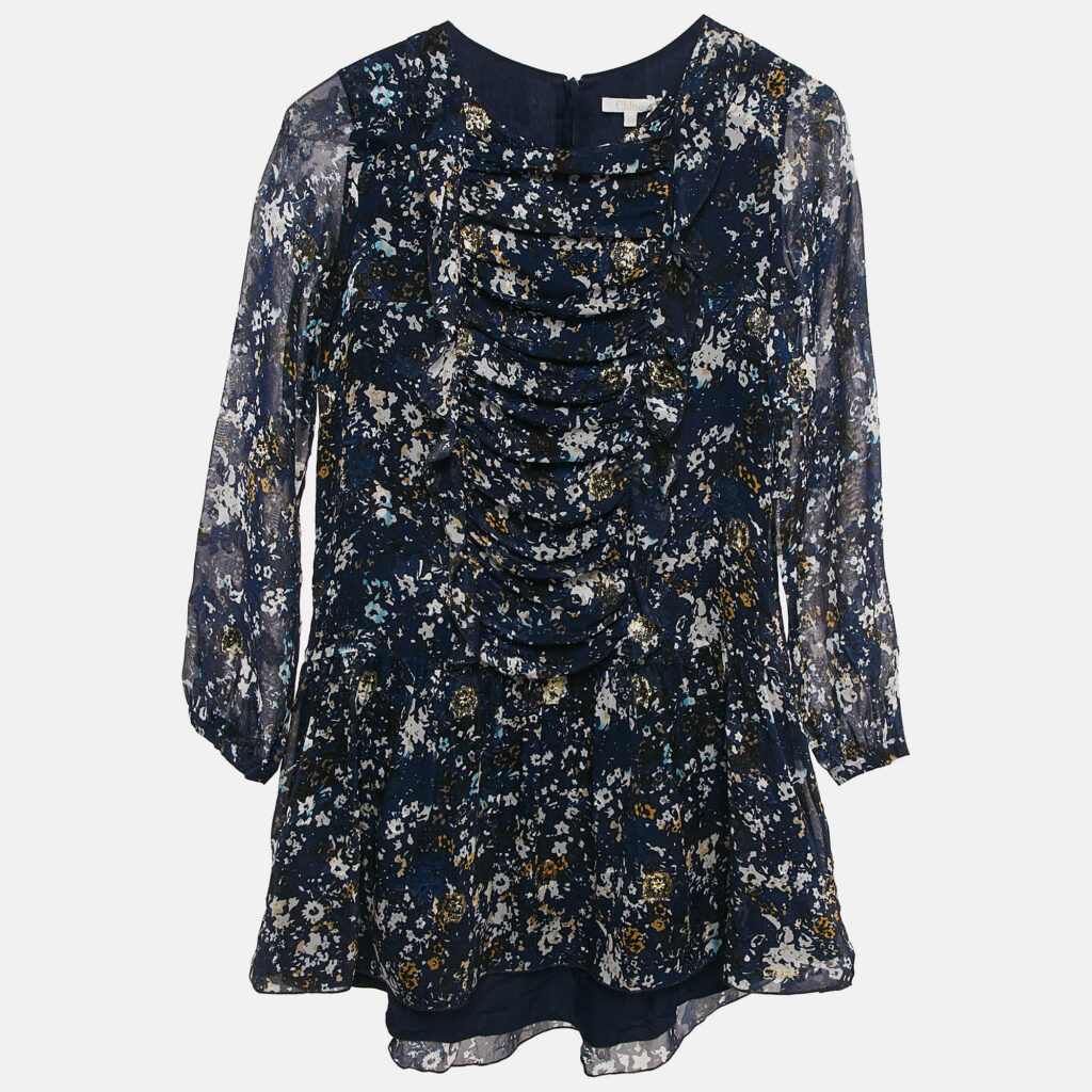 luxury-kids-chloe-new-girls-p1129040-006 Chloe Kids Navy Blue Floral Print Fil-Coupe Silk Blend Ruffled Dress 12 Yrs
