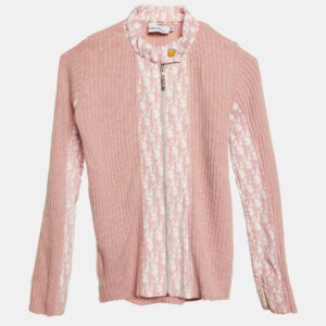 Christian Dior Kid Vintage Pink Rib Knit Wool Trotter Print Paneled Cardigan 10 Yrs