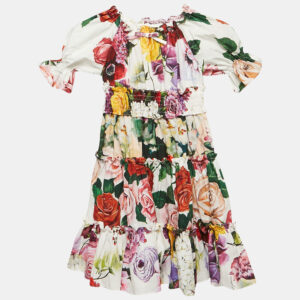 Dolce & Gabbana Kids White/Red Floral Print Poplin Tiered Dress 4 Yrs