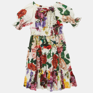 Dolce & Gabbana Kids White Floral Print Cotton Smocked Dress 4 Yrs